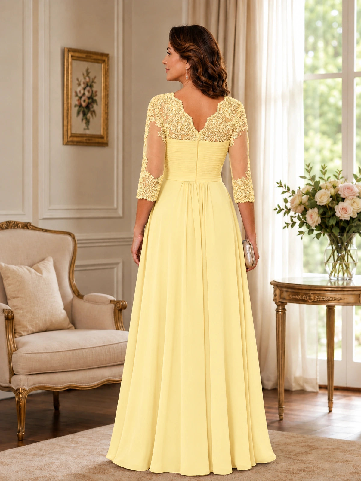 Chiffon Lace Applique Mother of the Bride Dress with 3/4 Sleeves