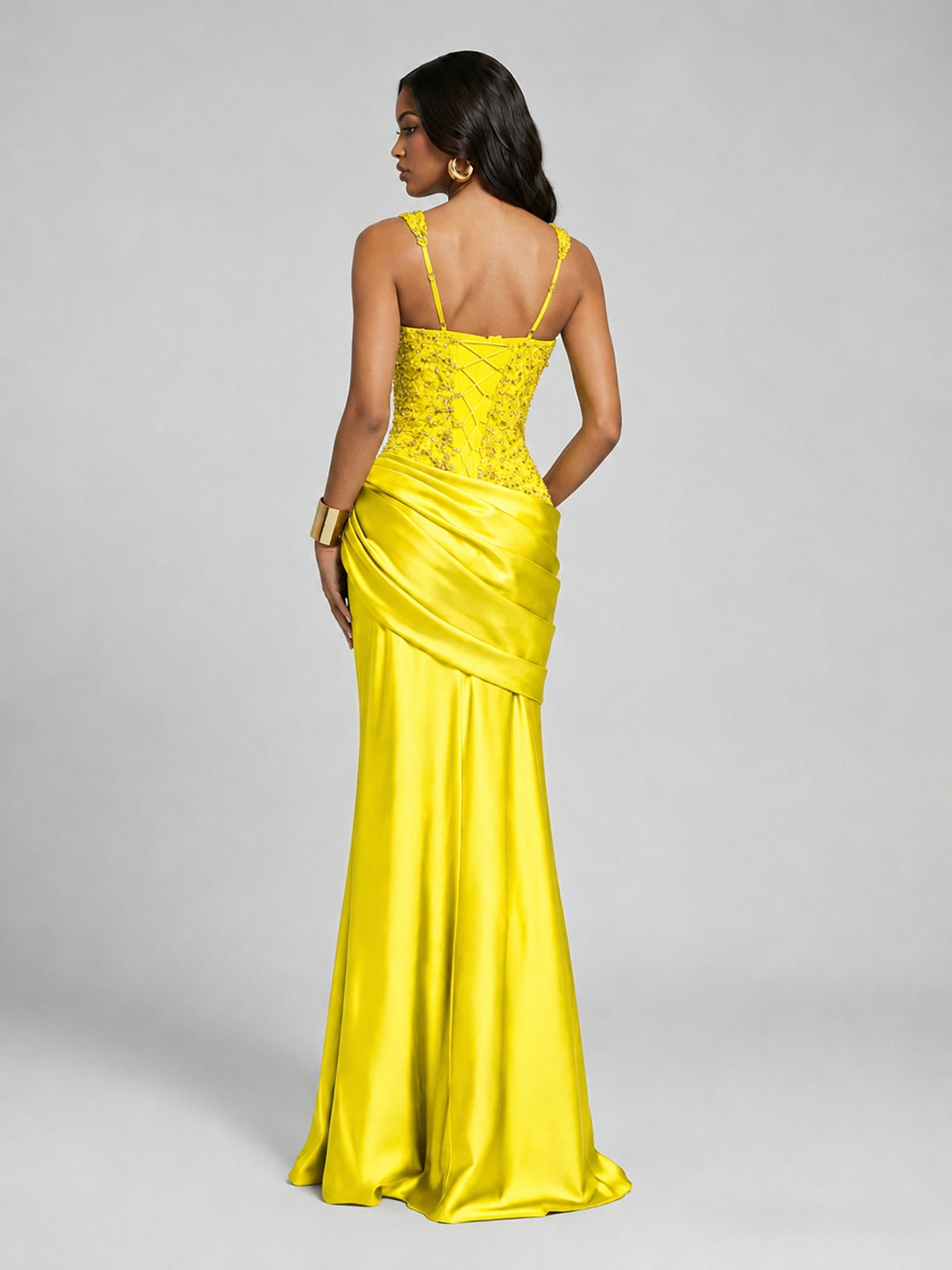 Scoop Neck Sequin Prom Dress with High Slit Satin Formal Gowns