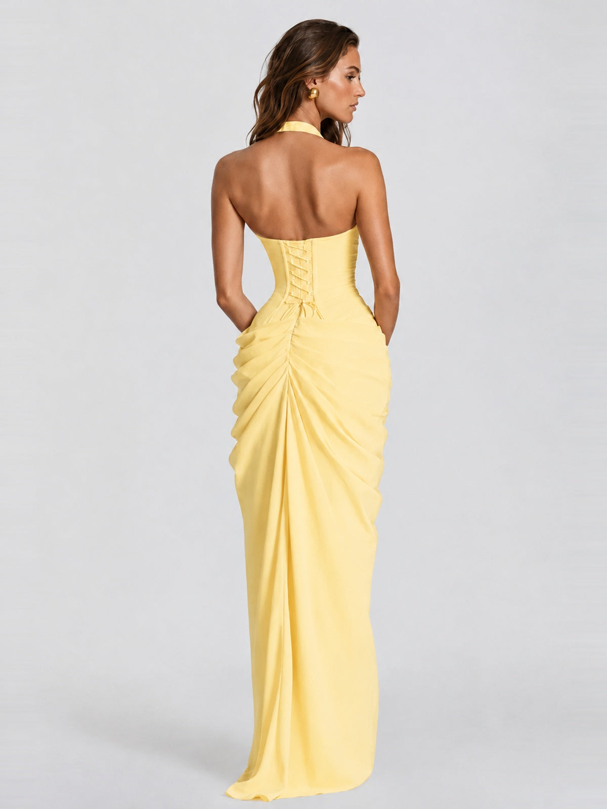 Ruched Halter Neck High-Slit Prom & Evening Dress