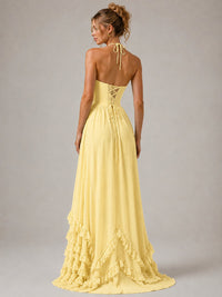 Halter V Neck Chiffon Formal Dress with Lace-Up Back and Ruffle Hem