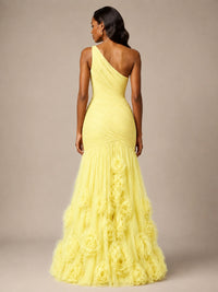 Blush Pink One Shoulder 3D Floral Mermaid Prom Dress