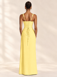 Square Neck Satin Sleeveless Ruched Prom Dress with High Slit