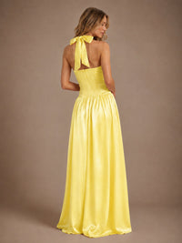 Pink V Neck Halter Satin Maxi Dress