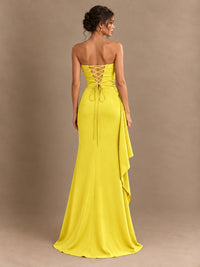 Black and White Strapless Ruched Prom Dress with High Slit & Side Drape