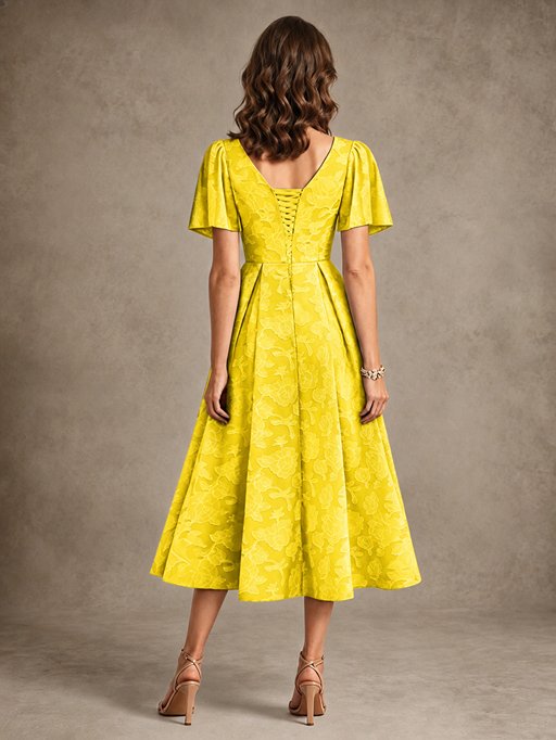 V-Neck Floral Jacquard Tea-Length Mother of the Bride Dress