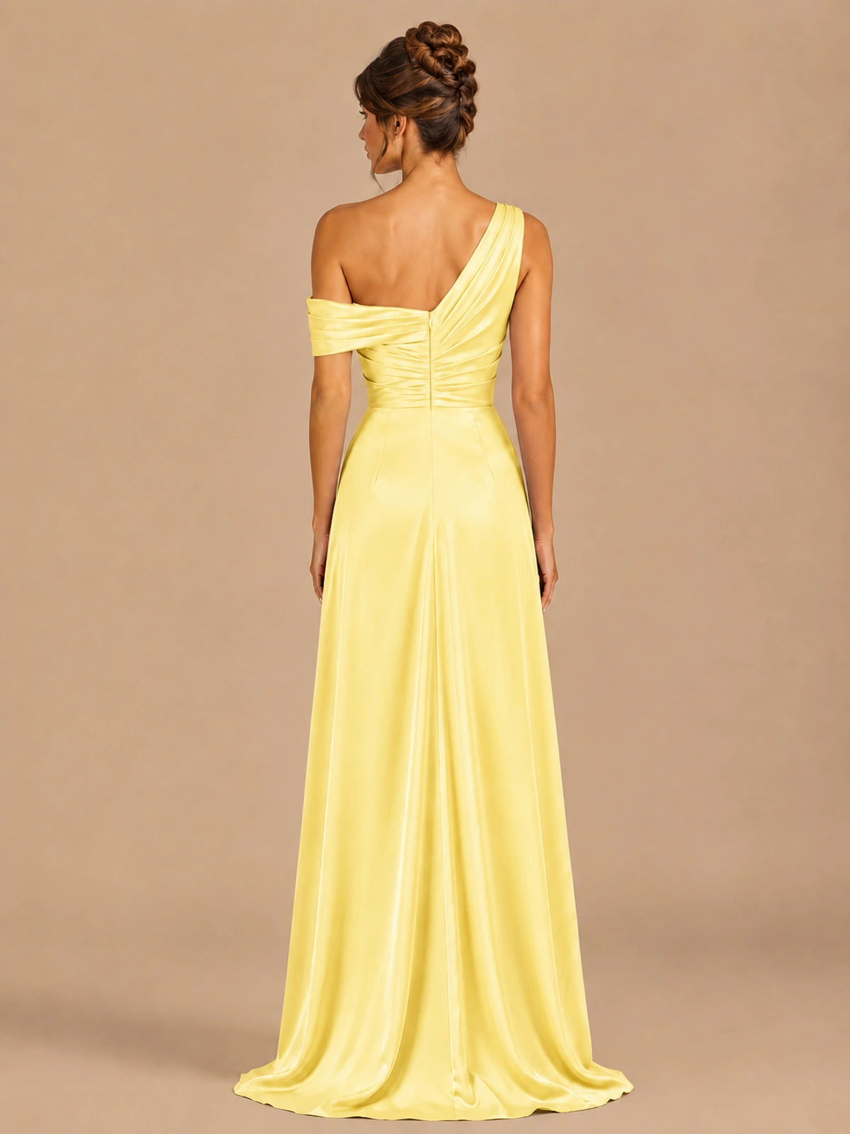 Satin One Shoulder Prom Dress Ruched Long Formal Evening Gown