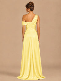 Satin One Shoulder Prom Dress Ruched Long Formal Evening Gown