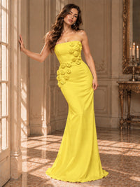 White Strapless Mermaid Maxi Dress with 3D Floral Appliques