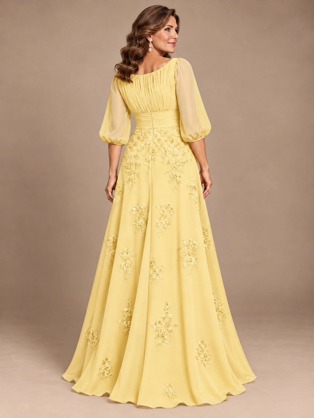 A-Line Mother of the Bride Dress with Sheer Puff Sleeves