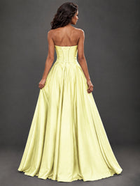 Draped Satin Prom Dress Strapless A-line Formal Dress Floor Length