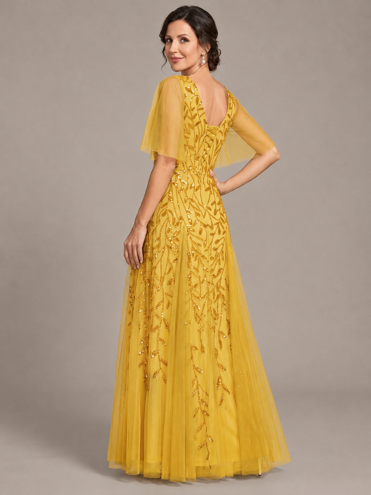 V-Neck Sequin Tulle Mother of the Bride Dress with Flutter Sleeve