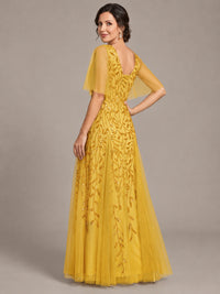 V-Neck Sequin Tulle Mother of the Bride Dress with Flutter Sleeve