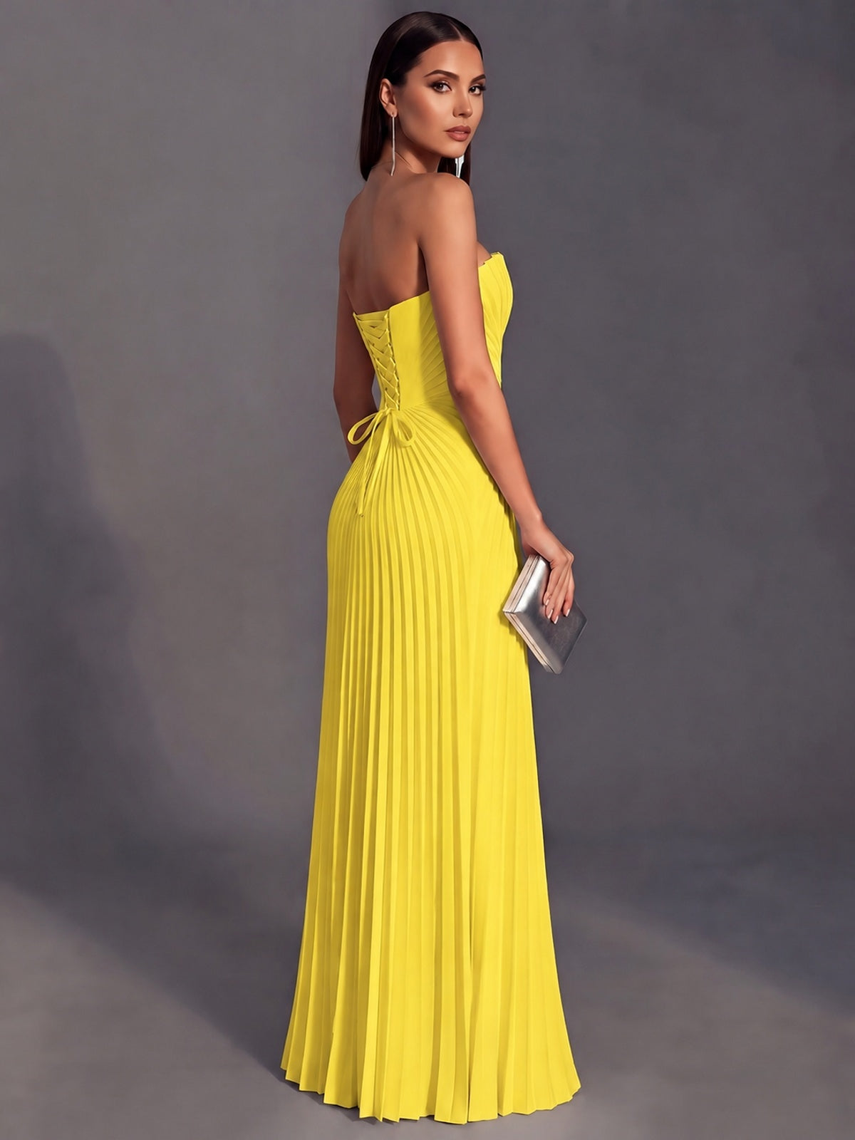 Strapless A-line Long Pleated Satin Prom Dress