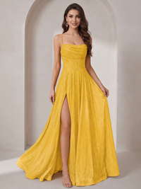 Sparkly Cowl Neck Corset Long Prom Dress with Slit A-line Tulle Ball Gown