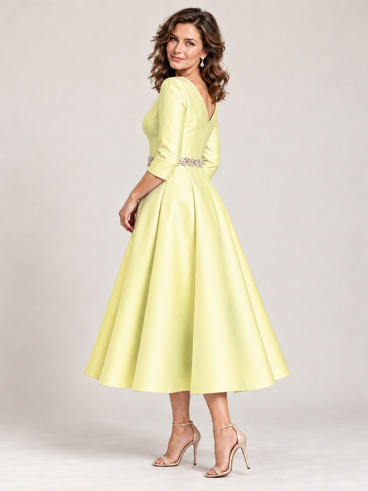 V-Neck Tea-Length Mother of the Bride Dress with Embellished Waist