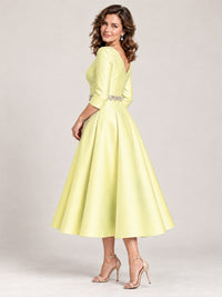V-Neck Tea-Length Mother of the Bride Dress with Embellished Waist