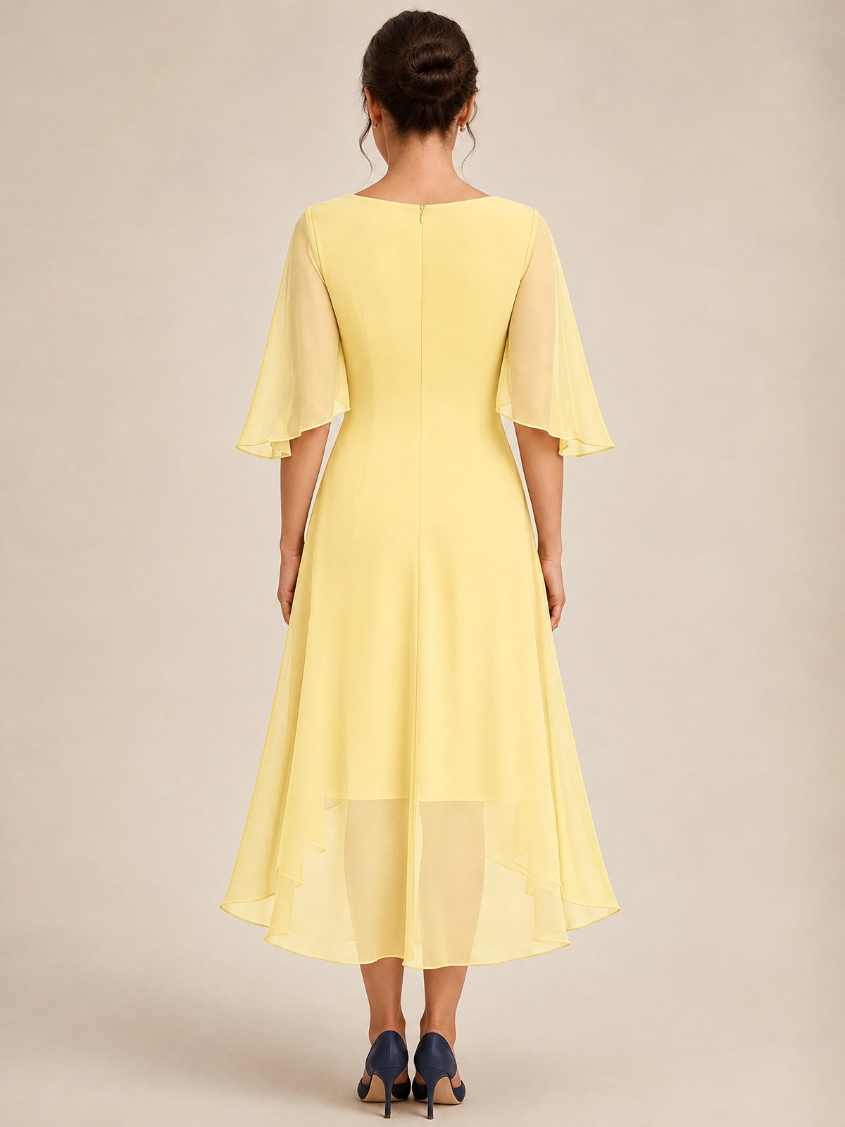 Cowl Neck Ruched Chiffon Mother of the Bride Dresses with Flutter Sleeves