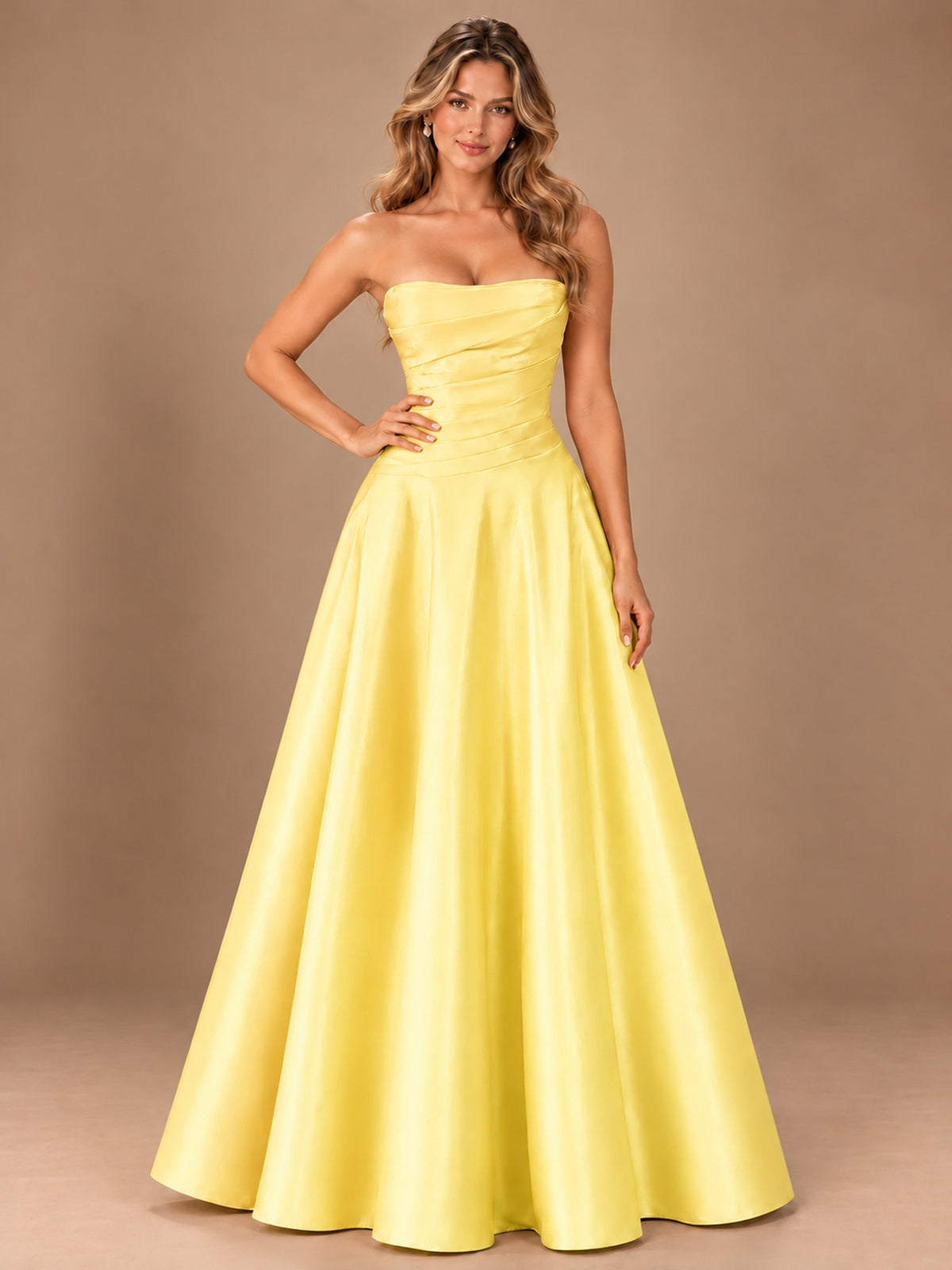 Blush Pink Strapless Satin A-Line Prom Dress with Ruched Bodice