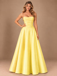 Blush Pink Strapless Satin A-Line Prom Dress with Ruched Bodice