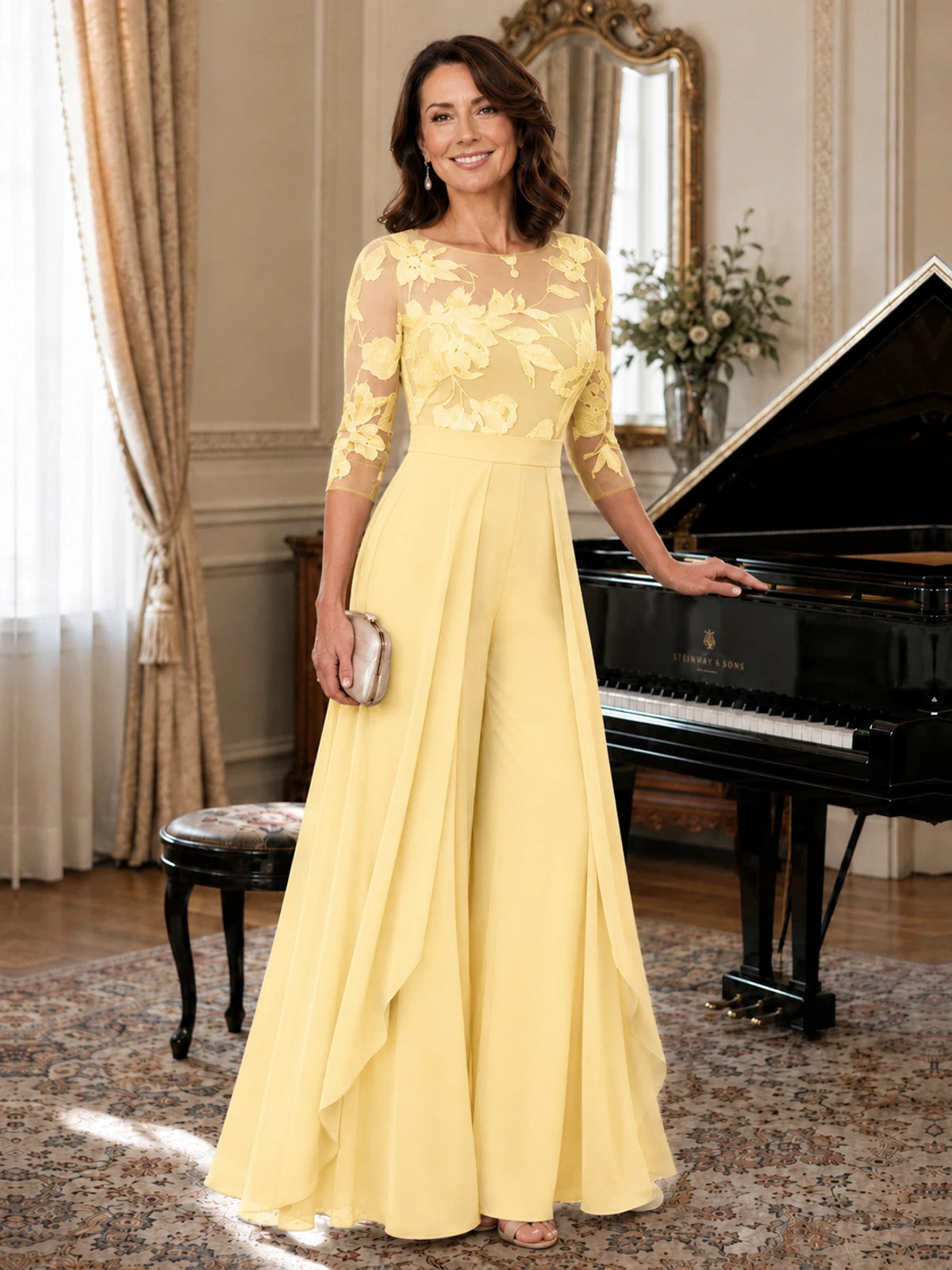 Lace Applique Wide-Leg Chiffon Mother of the Bride Jumpsuit