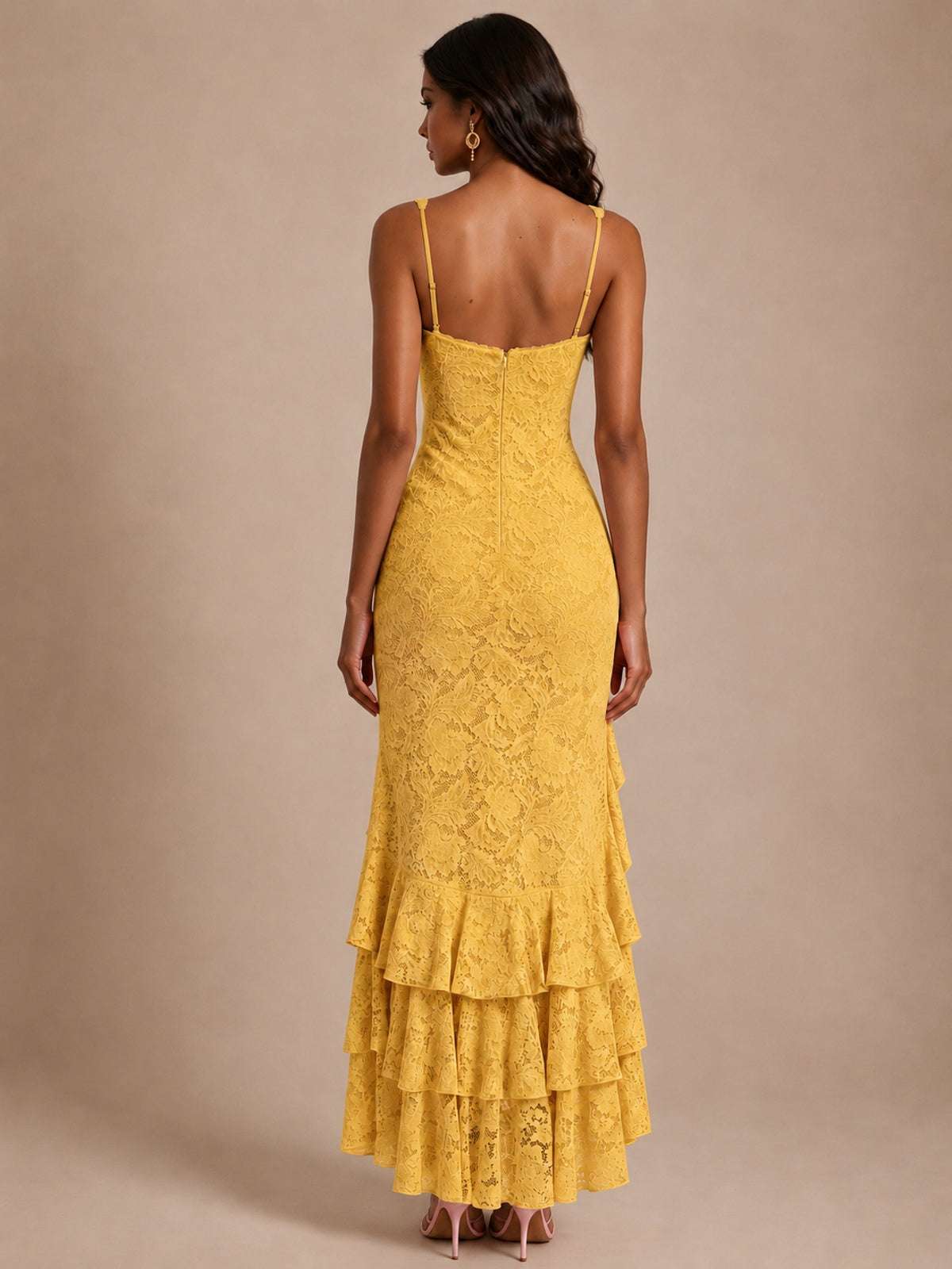 Square-Neck Lace Ruffle High-Low Maxi Dress