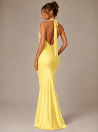 Olive Green Halter Satin Mermaid Maxi Dress