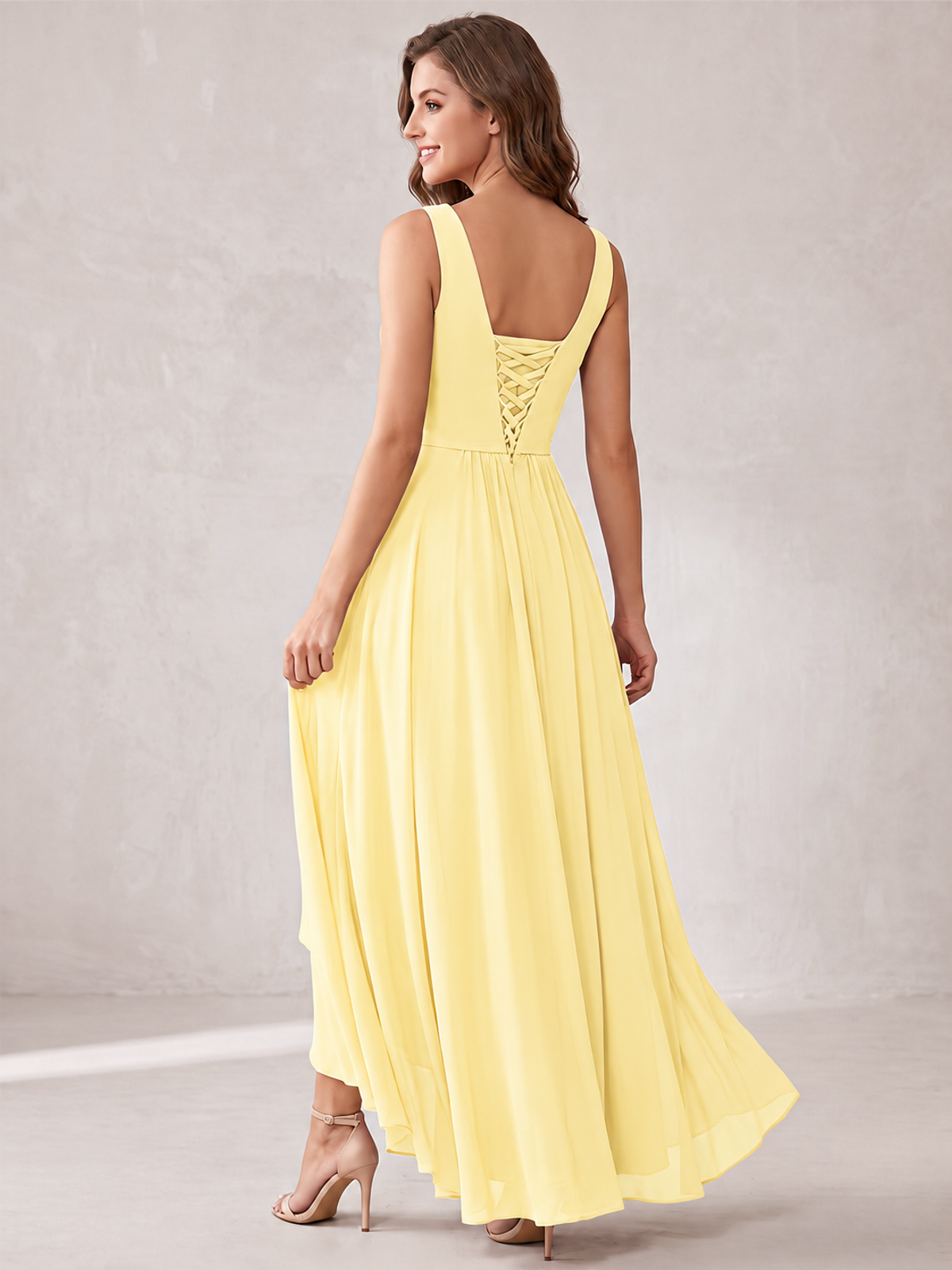 V-Neck High-Low Chiffon Bridesmaid Dress with Ruffles