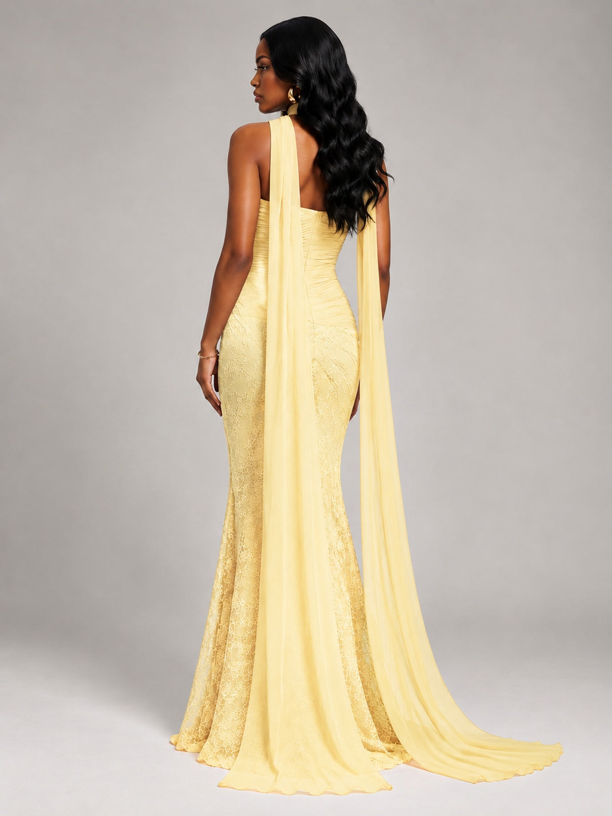 Pleated Chiffon Lace Prom Dresses Long Bodycon Mermaid with Scarf