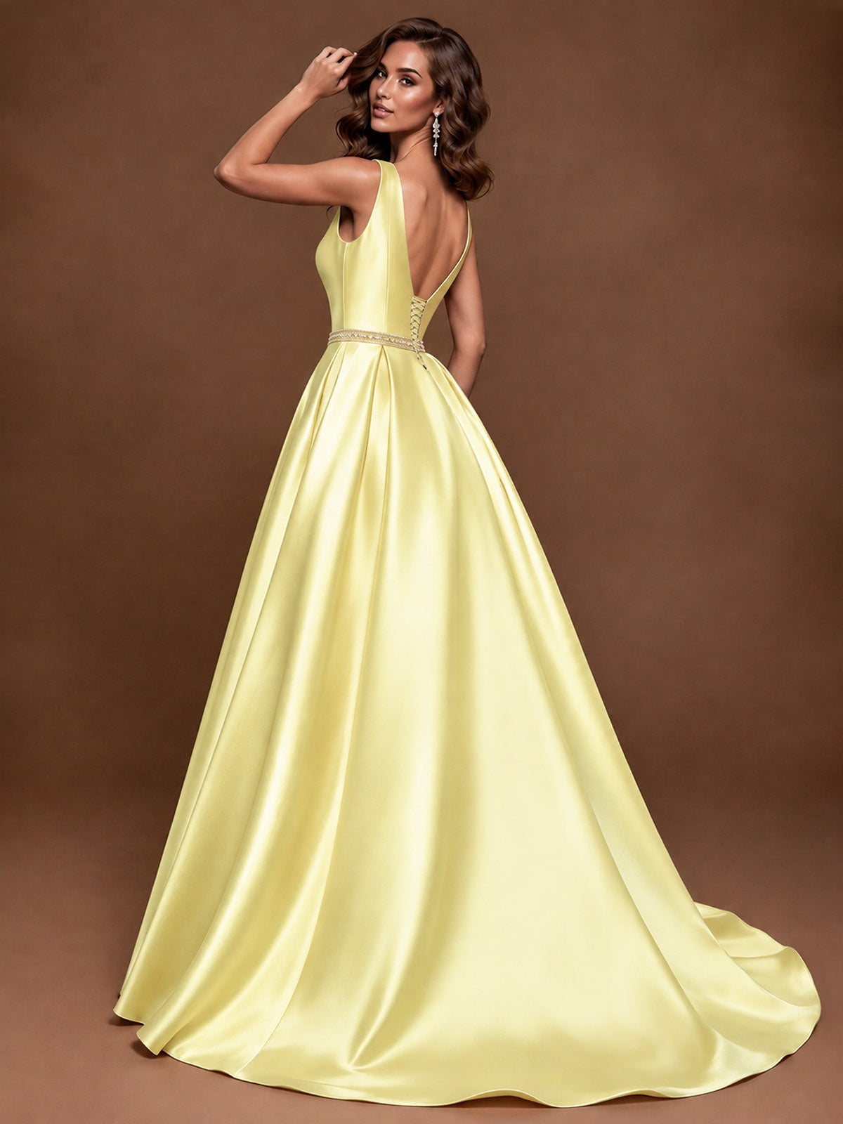 Satin A-Line Prom Dress Sleeveless Beaded Waist Formal Gown with Pockets