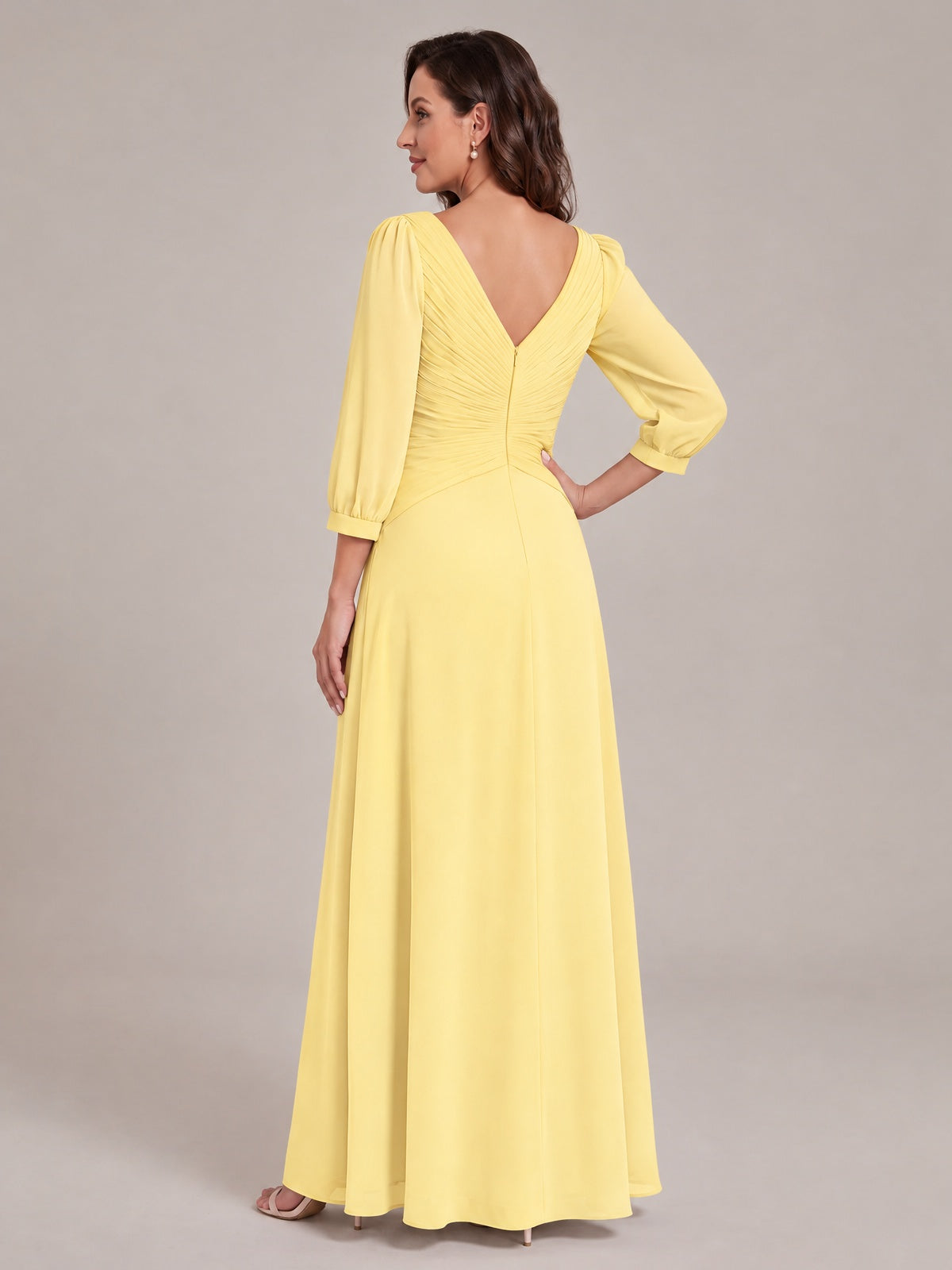 V-Neck Pleated Chiffon Mother of the Bride Dress with Flutter Sleeves