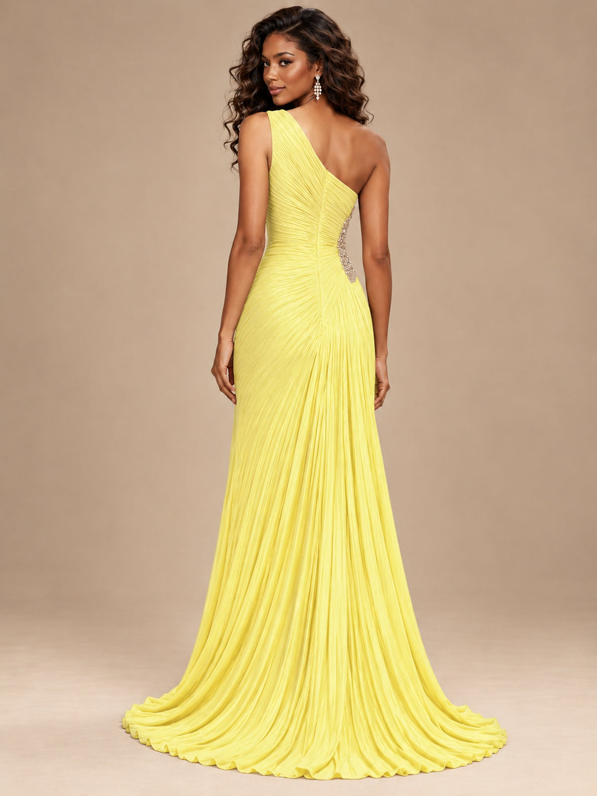 Burgundy One Shoulder Ruched Prom Dress with High Slit & Beaded Waist
