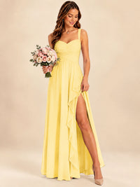 Spaghetti Straps Pleated Chiffon Bridesmaid Dress with Ruffle Slit