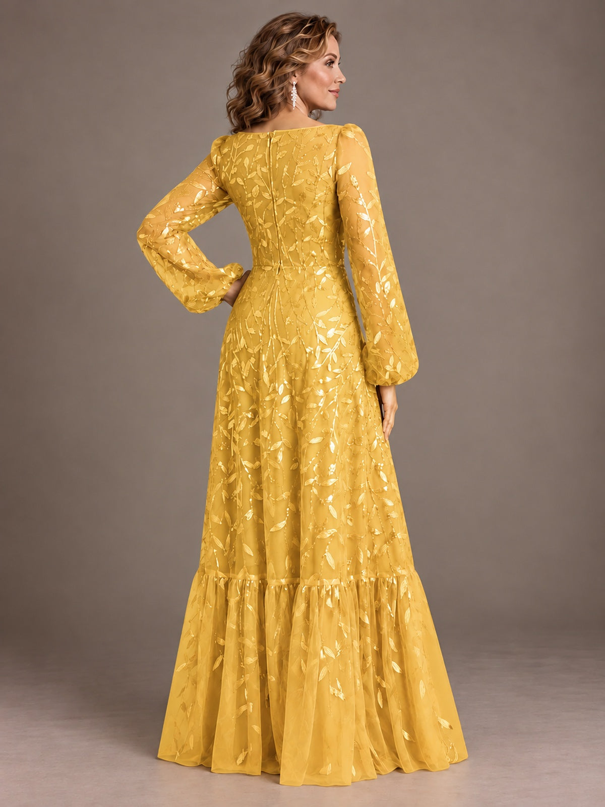 Floral Sequin Embroidered A-Line Mother of the Bride Dress with Long Sleeves