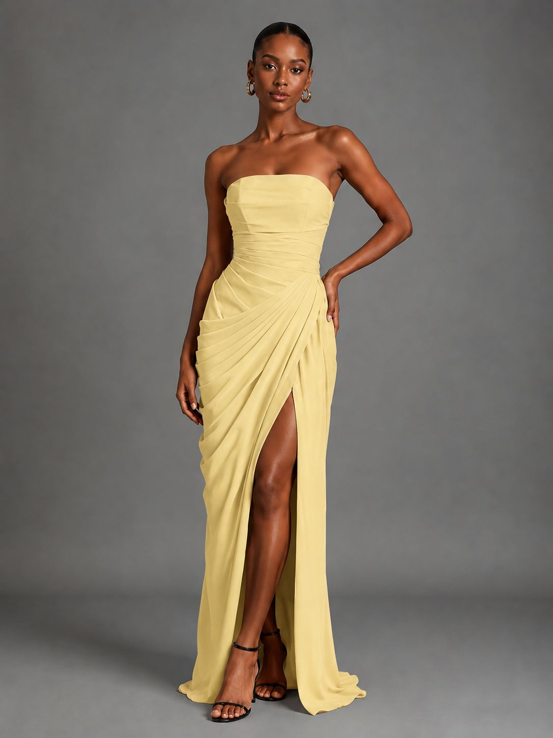 Strapless Bodycon Pleated Chiffon Formal Dress with Slit