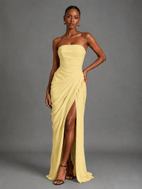 Strapless Bodycon Pleated Chiffon Formal Dress with Slit