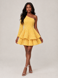 Puffy One Shoulder Sequin Tiered Mini Dress