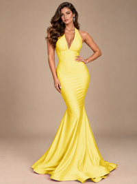 Pink Halter Deep V-Neck Ruched Mermaid Prom Dress