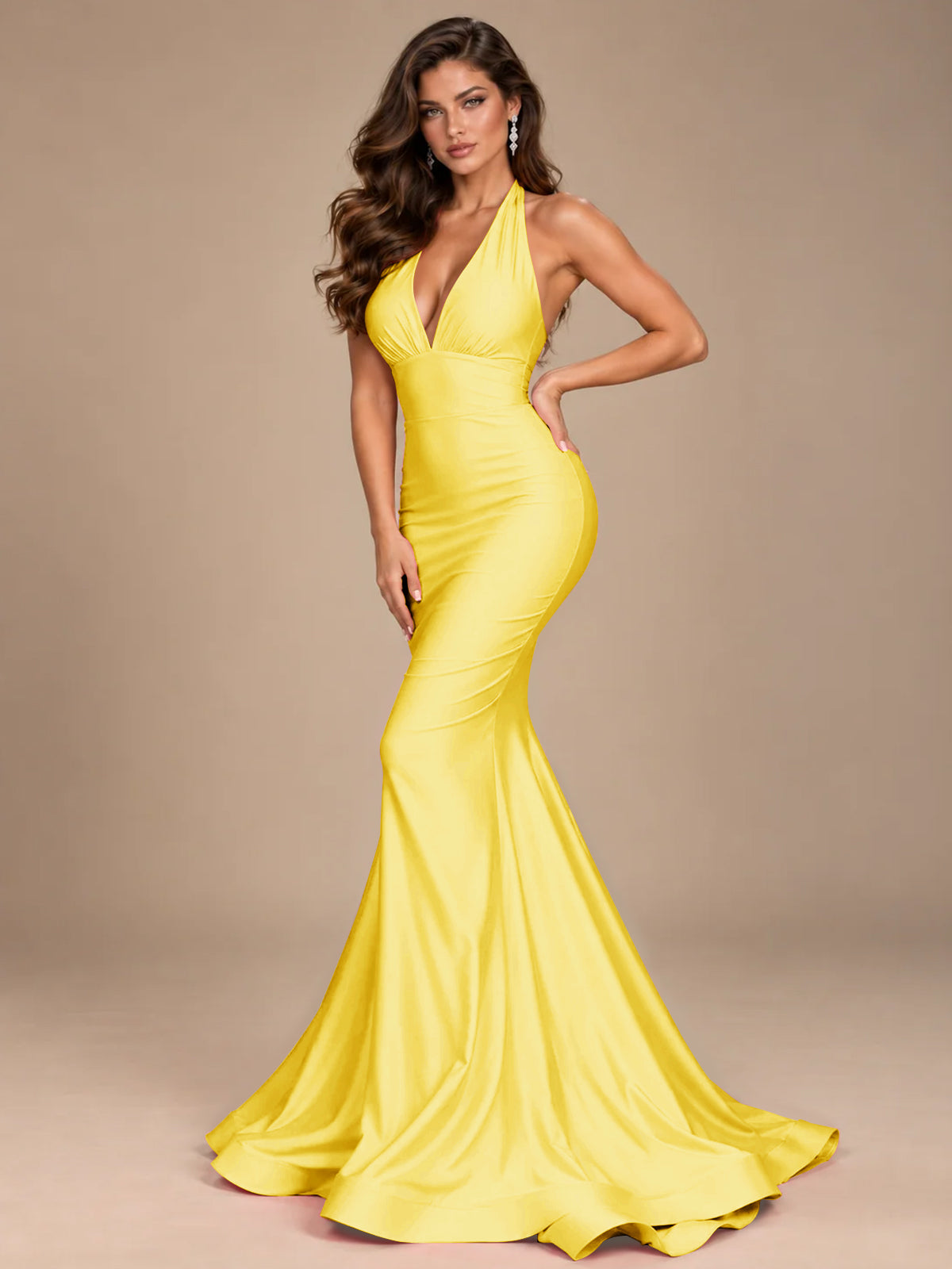Pink Halter Deep V-Neck Ruched Mermaid Prom Dress