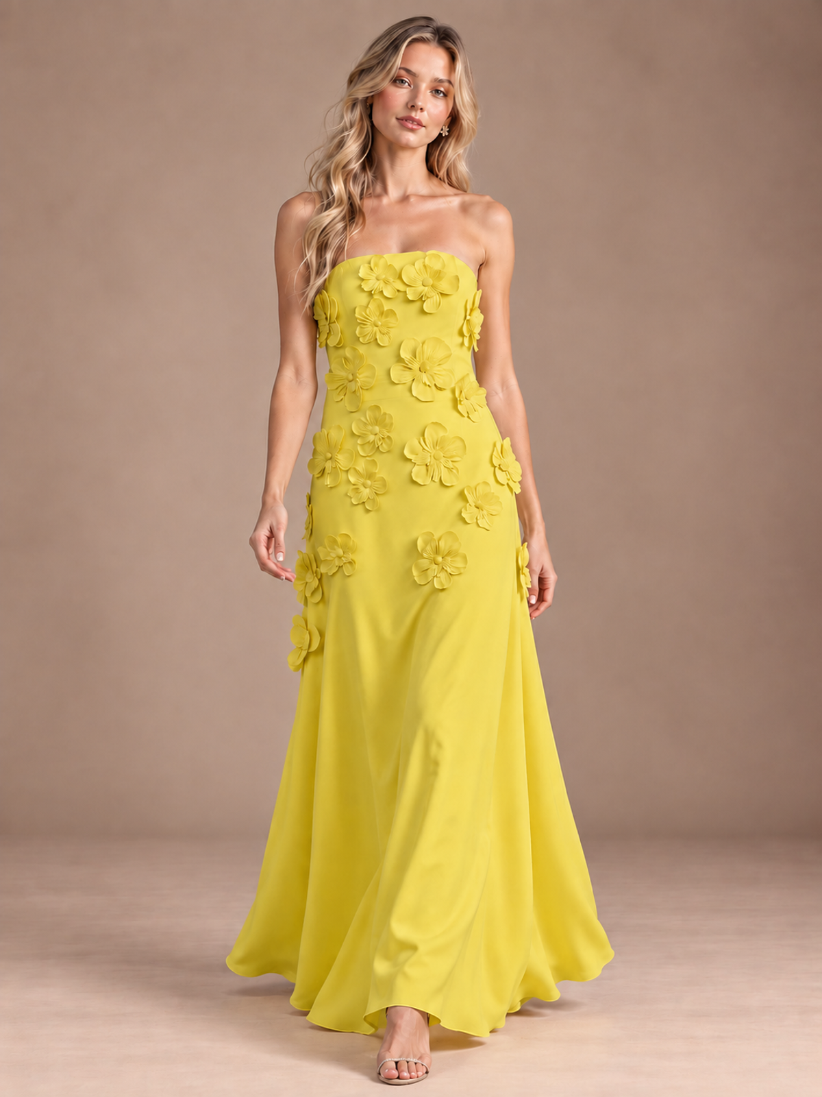 Yellow Strapless A-line Satin Maxi Dress with 3D Floral