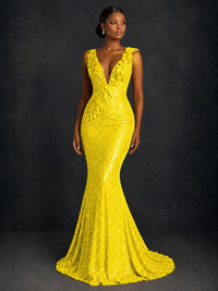 Gold Sequin Floral Applique Mermaid Prom Dress