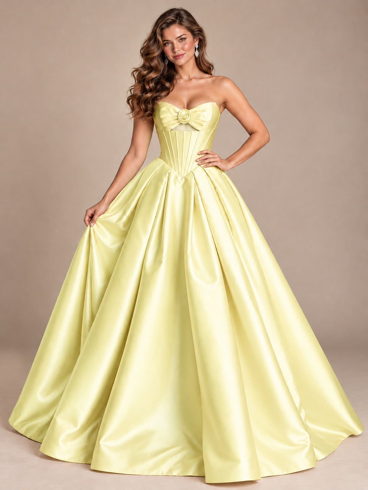 Pink Strapless Corset Satin Prom Derss & Ball Gown with 3D Floral