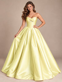 Pink Strapless Corset Satin Prom Derss & Ball Gown with 3D Floral