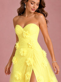 3D Floral Applique Strapless Tulle Prom Dress with High Slit