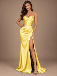 Dusty Blue Strapless Lace Corset Prom Dress with High Slit