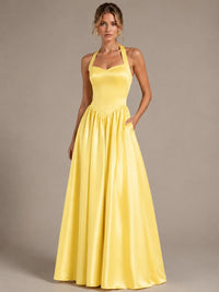 Light Yellow Halter Neck Satin A-Line Maxi Dress with Pockets