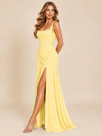 Wrap Pleated Prom Dress Scoop Neck with Slit Women Wedding Formal Dress