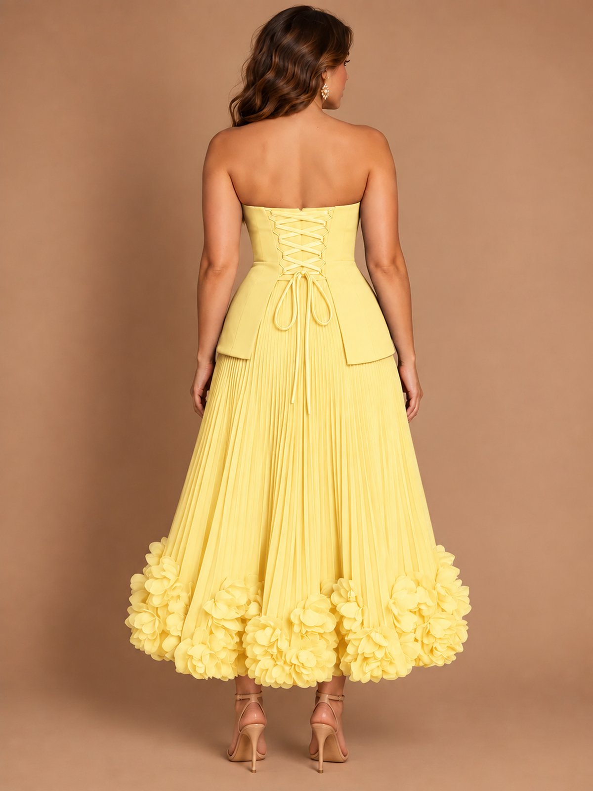 Navy Blue Strapless Pleated A-Line Midi Dress with 3D Floral Applique