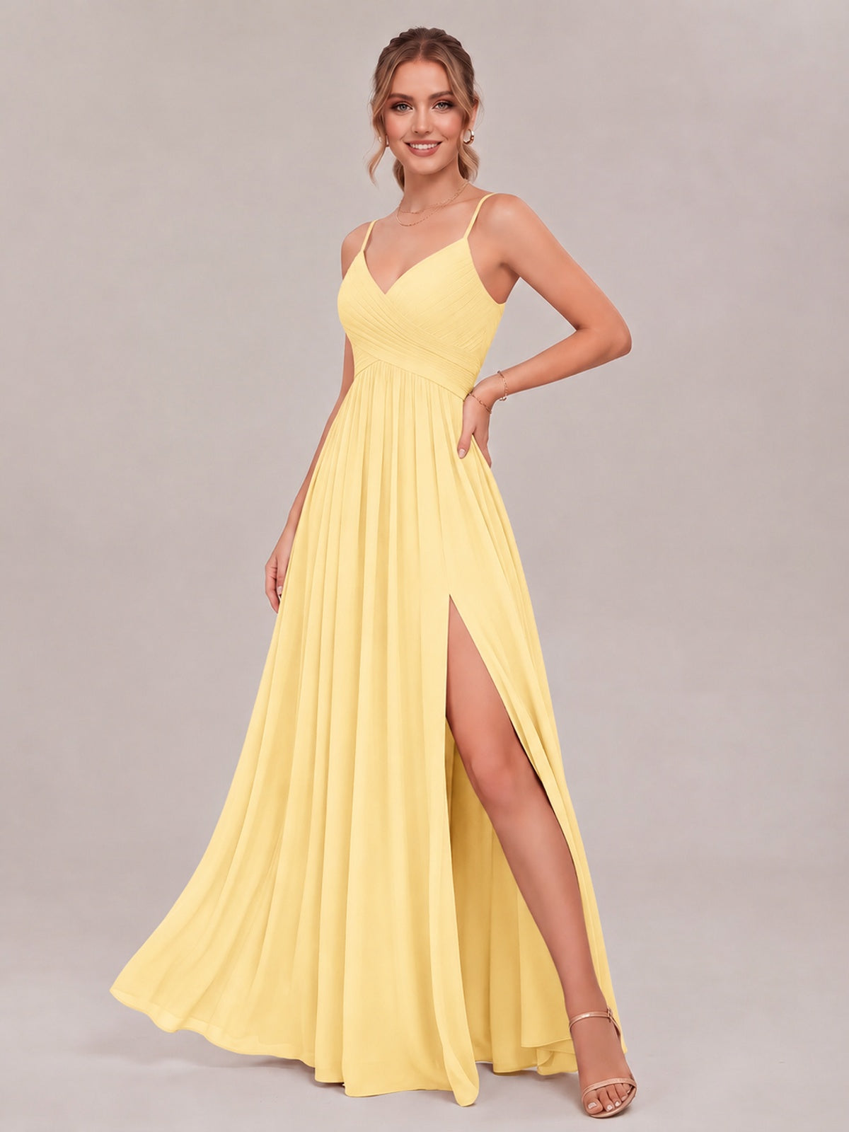 V-Neck Pleated Chiffon Long Bridesmaid Dress with Slit