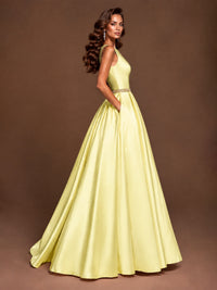 Satin A-Line Prom Dress Sleeveless Beaded Waist Formal Gown with Pockets