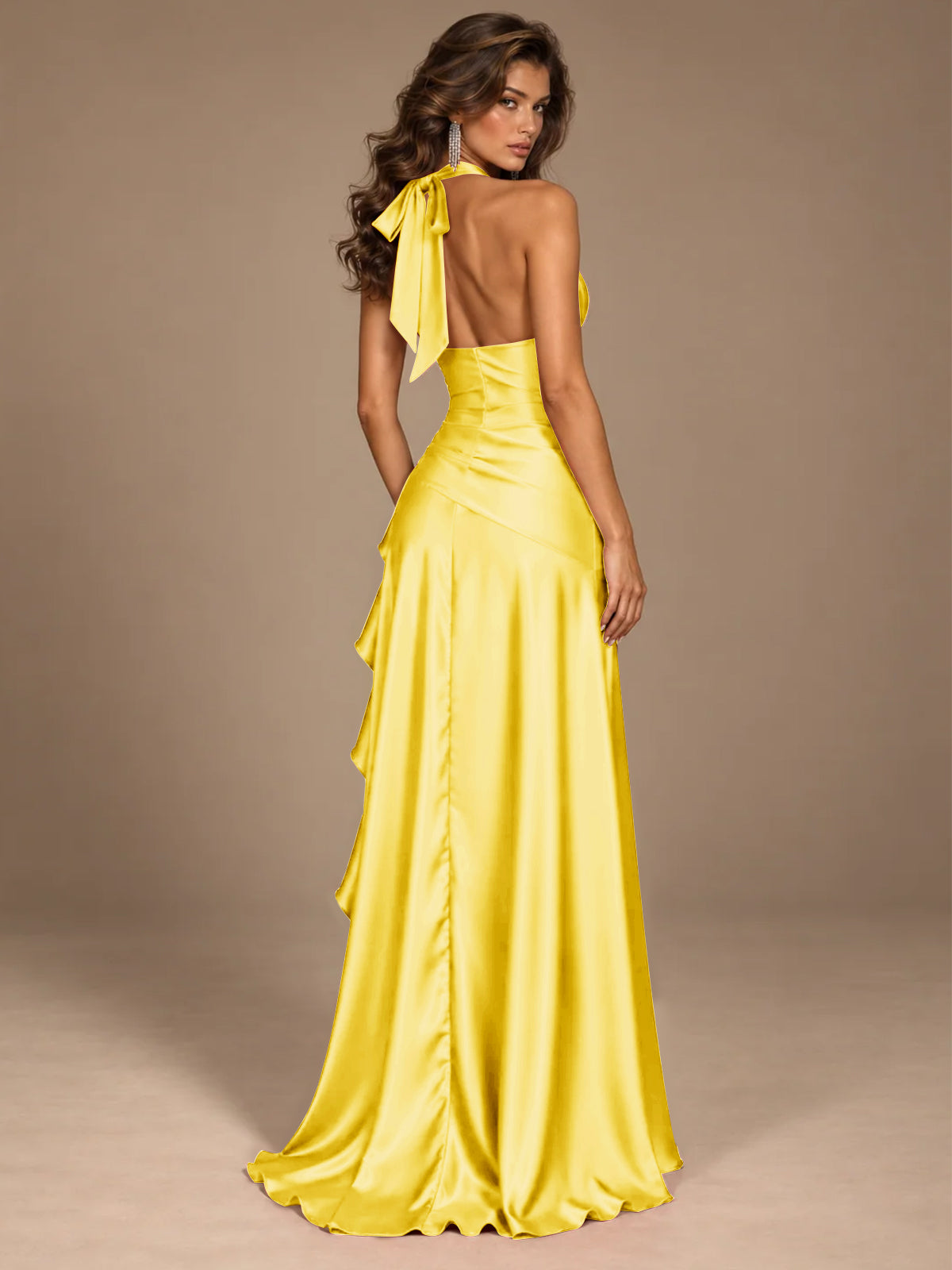 Burgundy Halter Deep V-Neck Ruched High Slit Ruffle Prom Dress